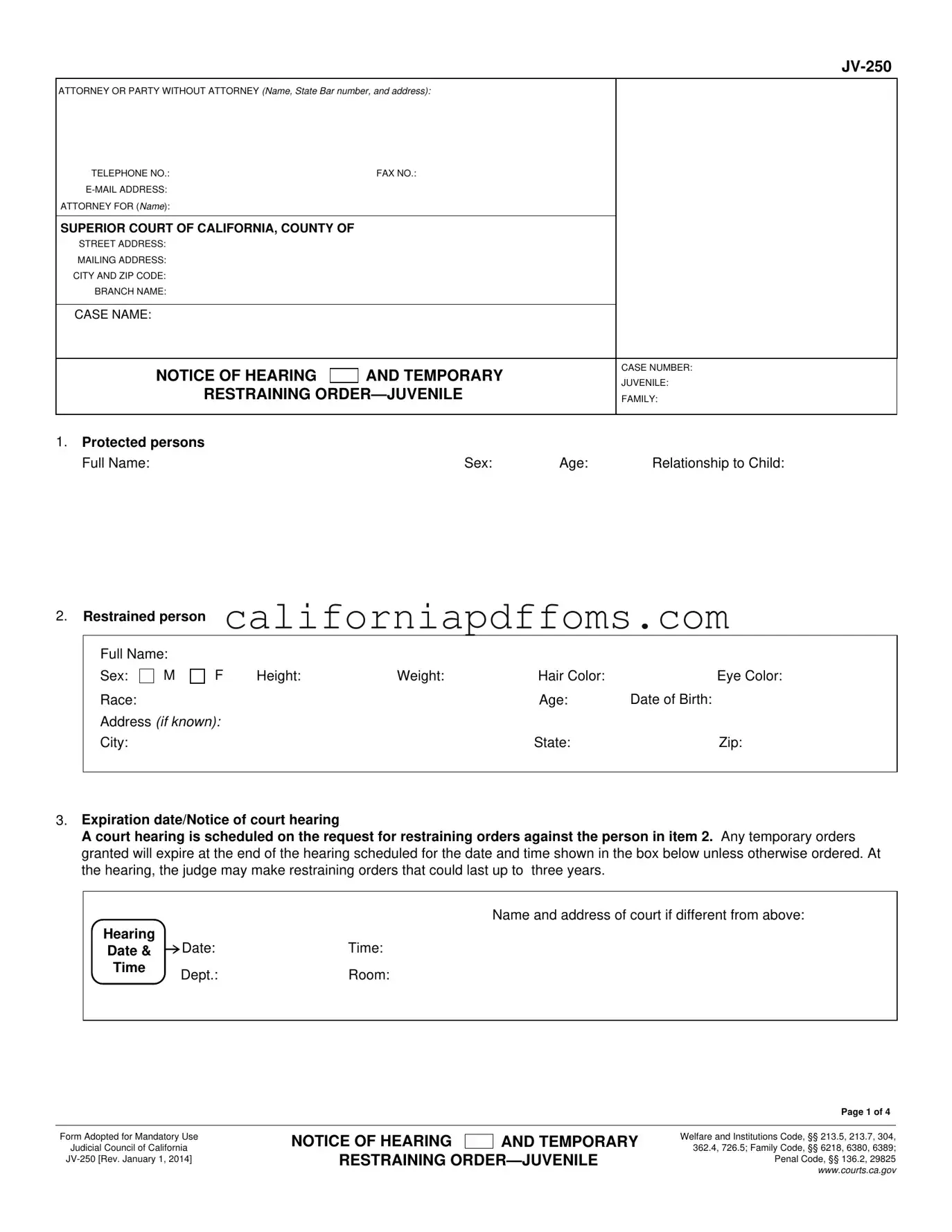 Fill in Your California Jv 250 Template