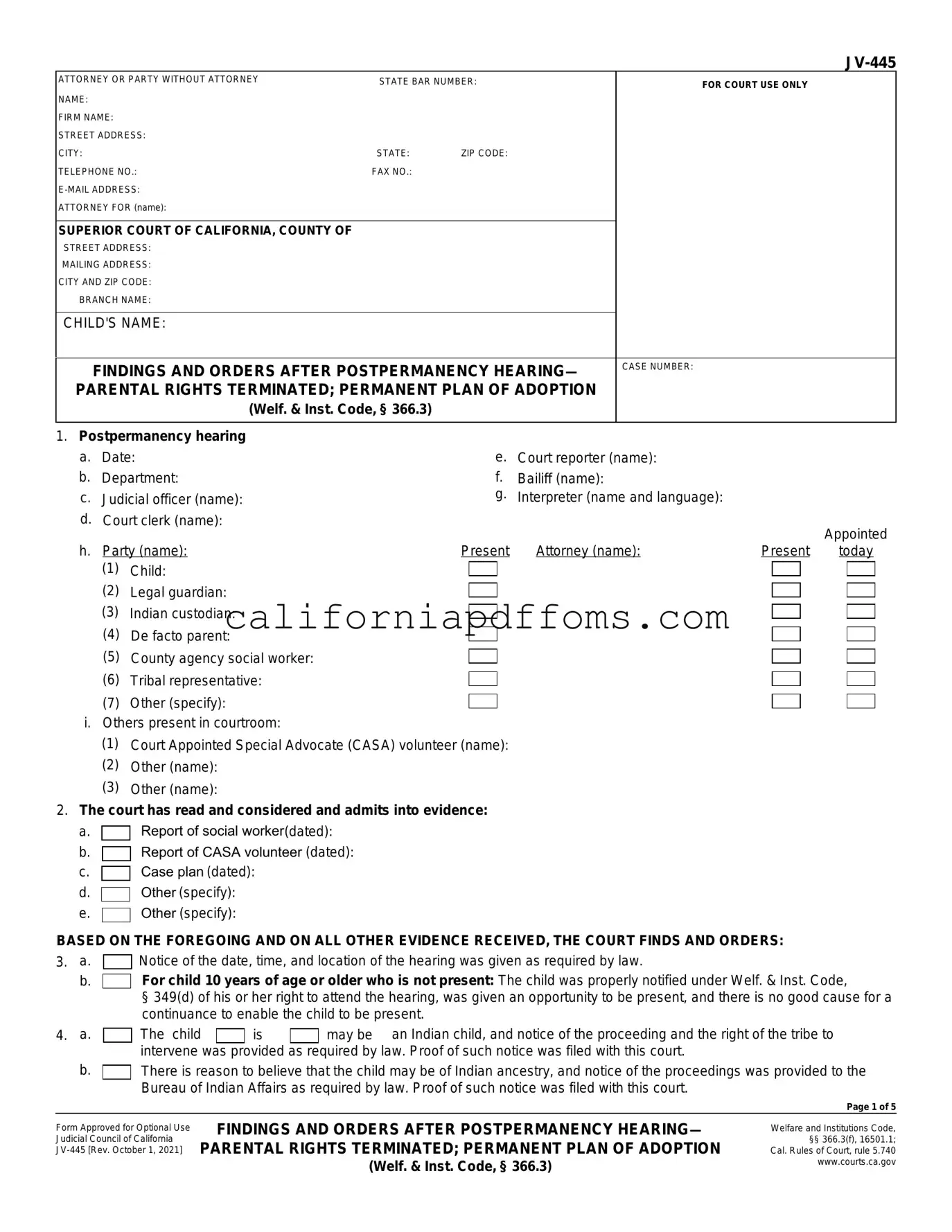 Fill in Your California Jv 445 Template