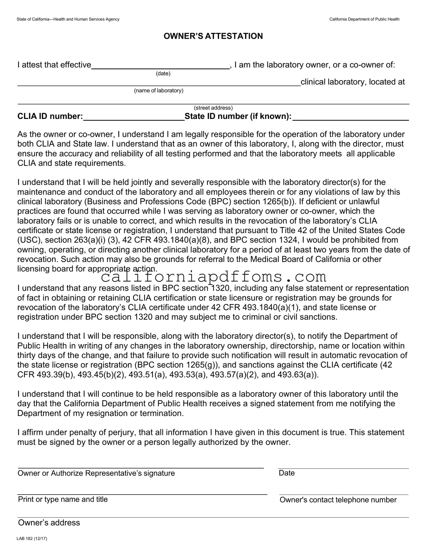 Fill in Your California Lab 182 Template