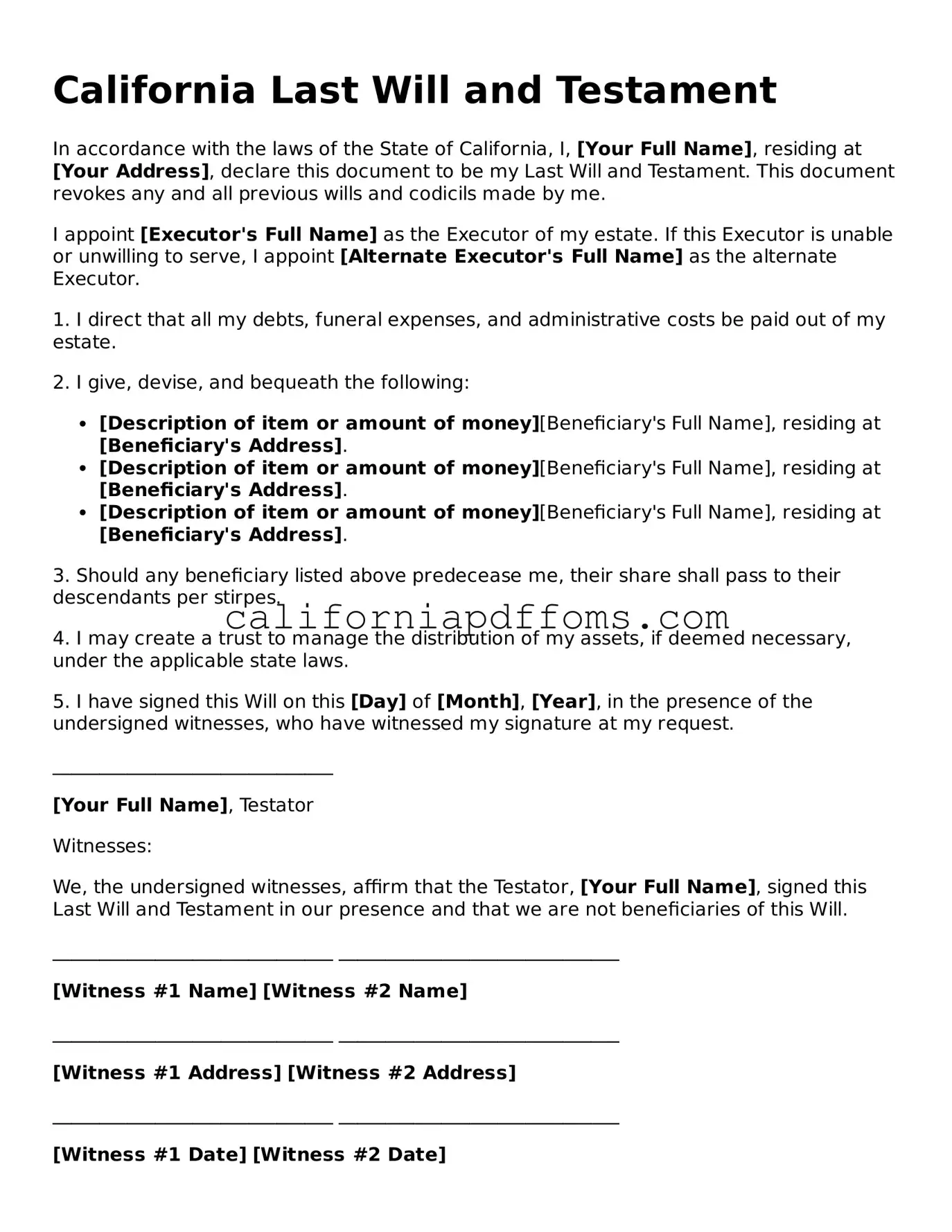 Blank Last Will and Testament Form for California