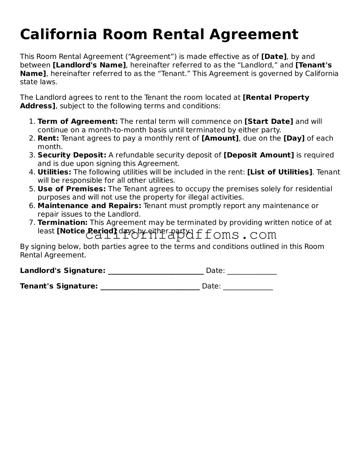 Blank Room Rental Agreement Form for California