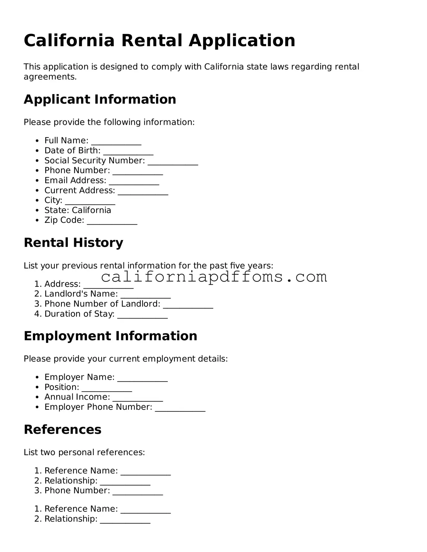 Blank Rental Application Form for California