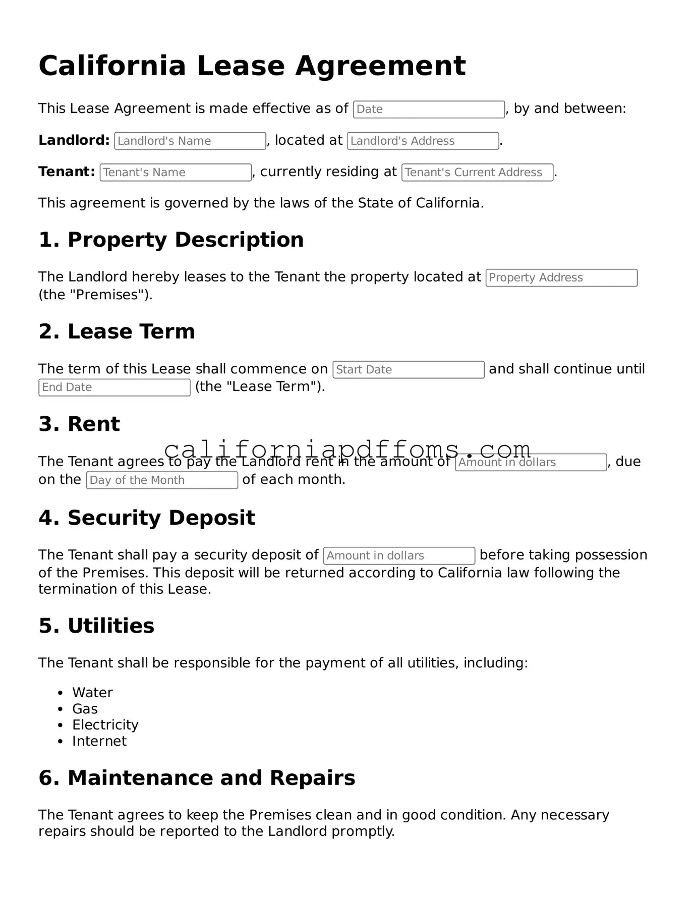 Blank Lease Agreement Form for California