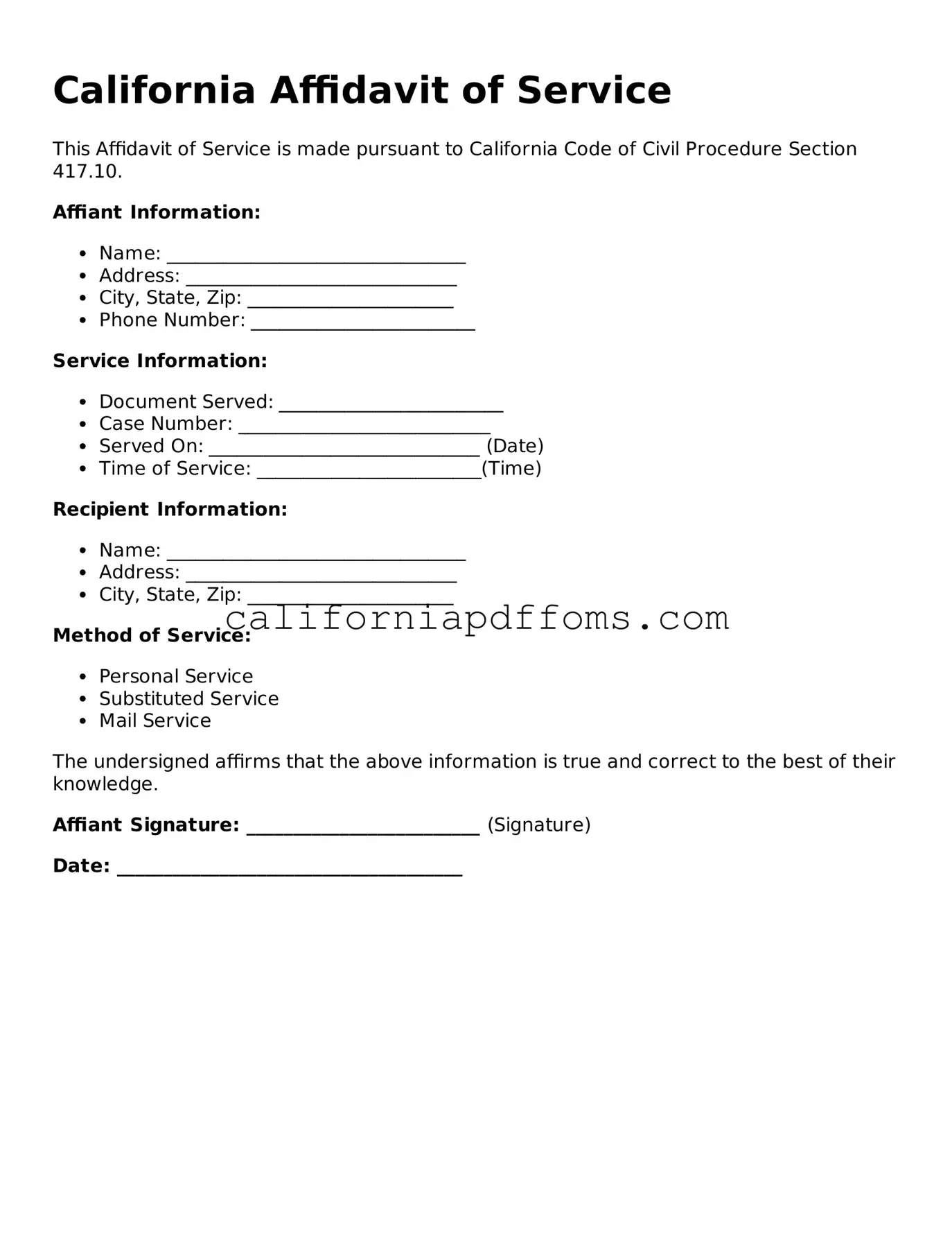 Blank Affidavit of Service Form for California
