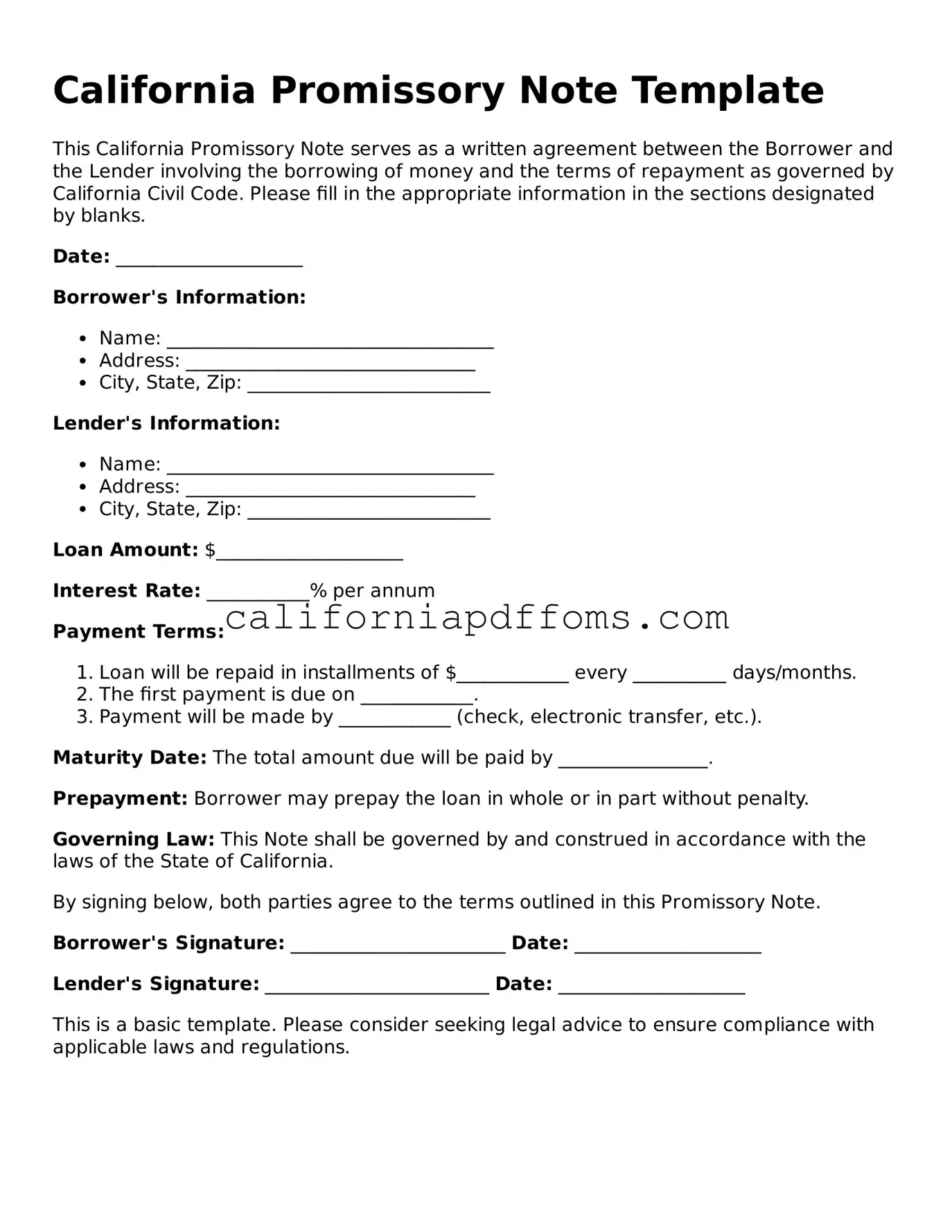 Blank  Promissory Note Form for California