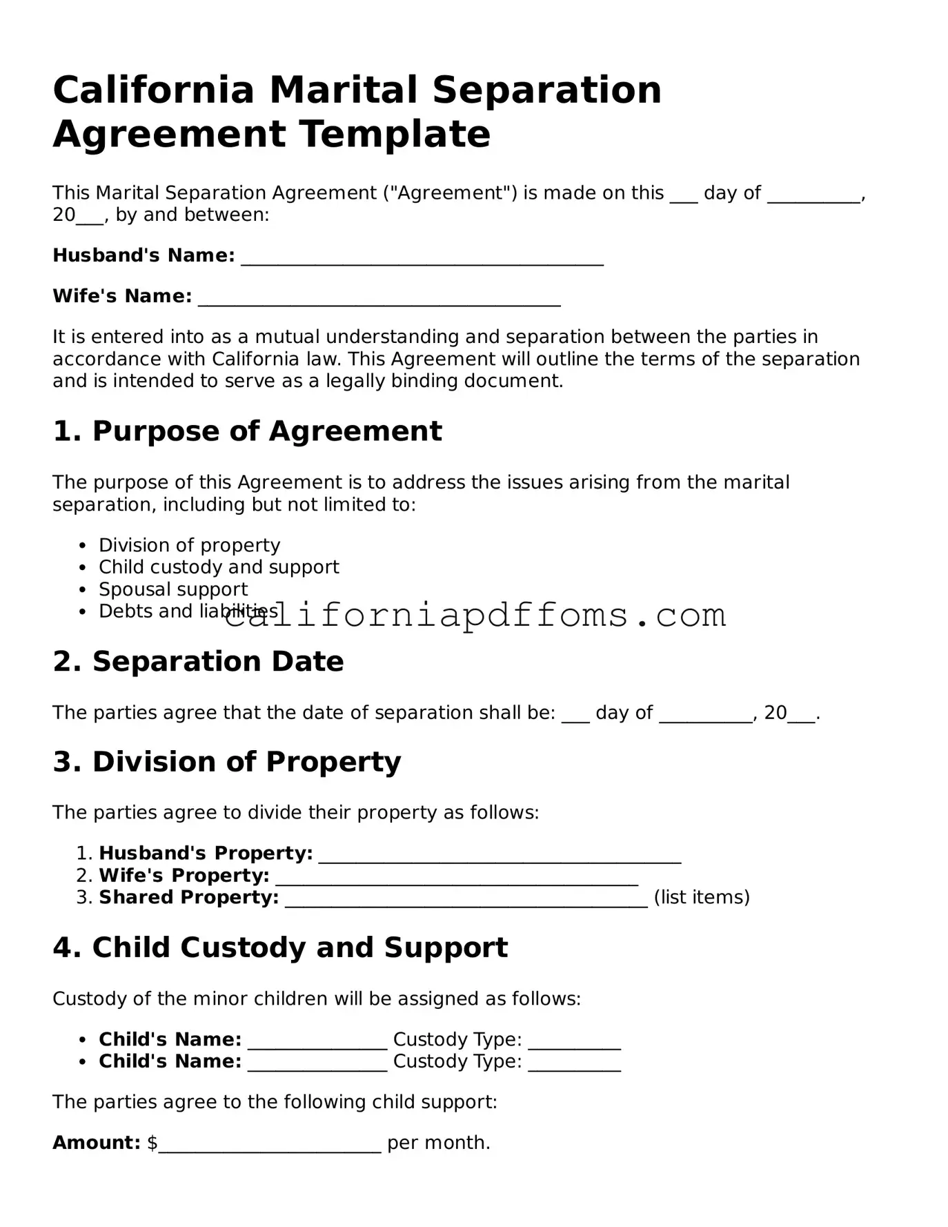 Blank Marital Separation Agreement Form for California