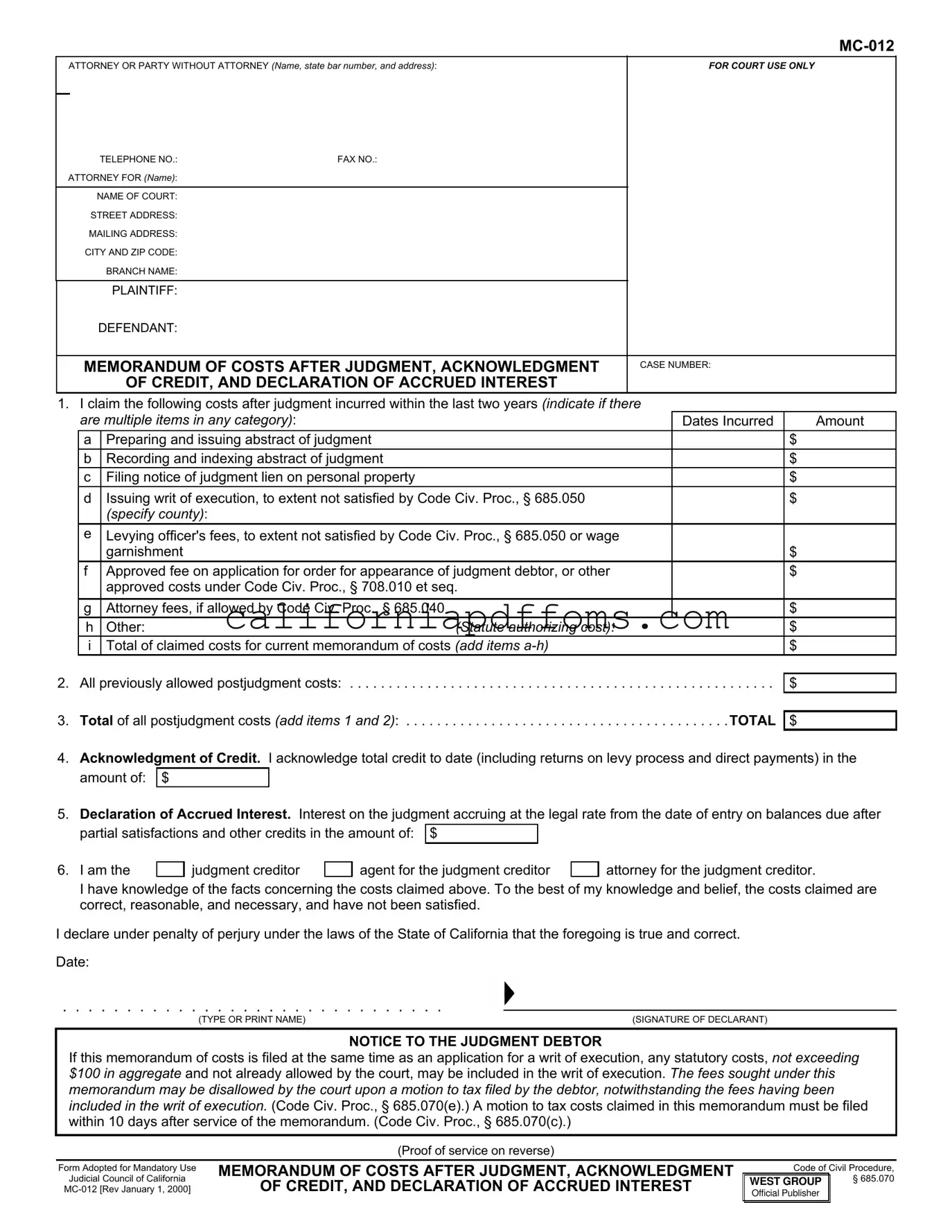 Fill in Your California Mc 012 Template