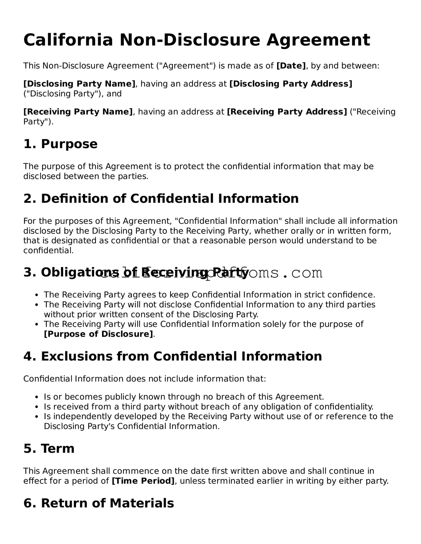 Blank Non-disclosure Agreement Form for California