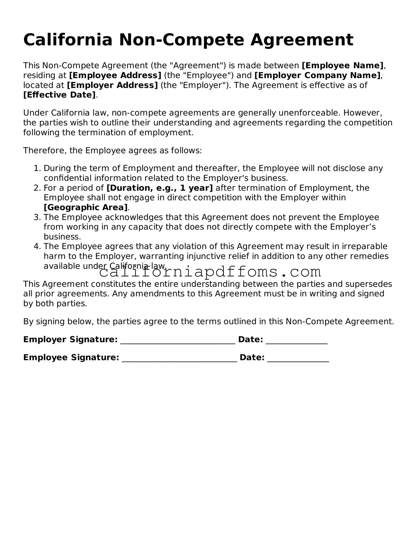 Blank  Non-compete Agreement Form for California