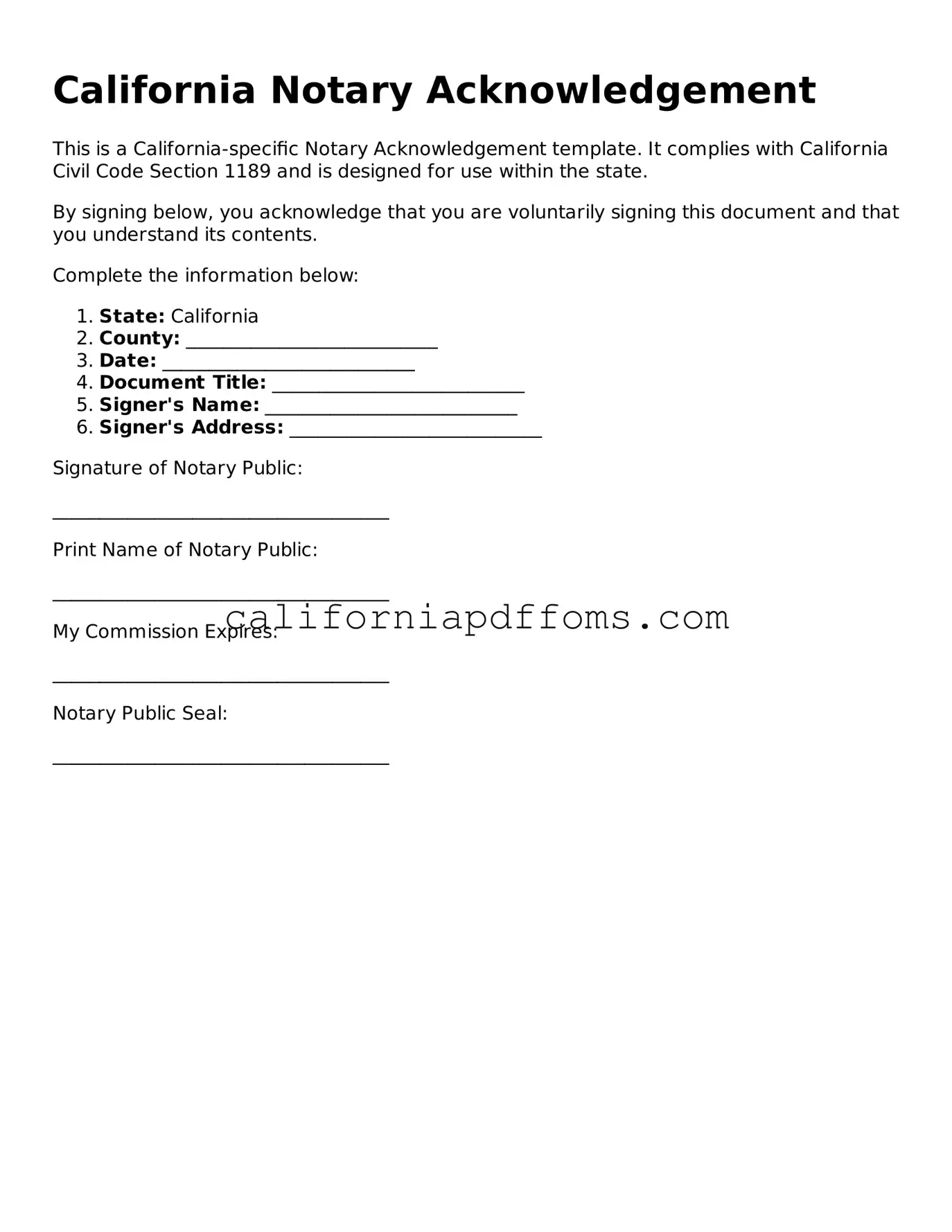 Blank Notary Acknowledgement Form for California