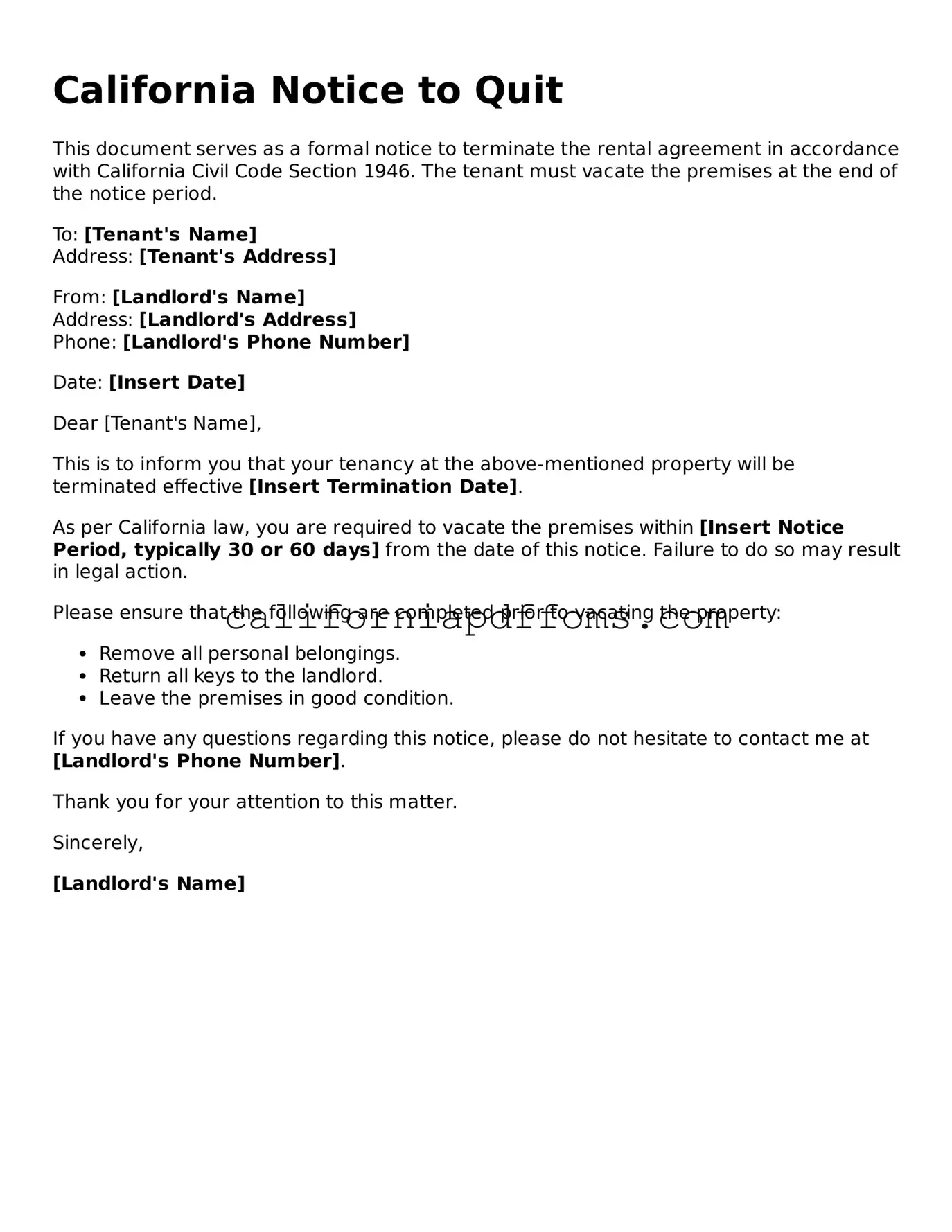 Blank  Notice to Quit Form for California