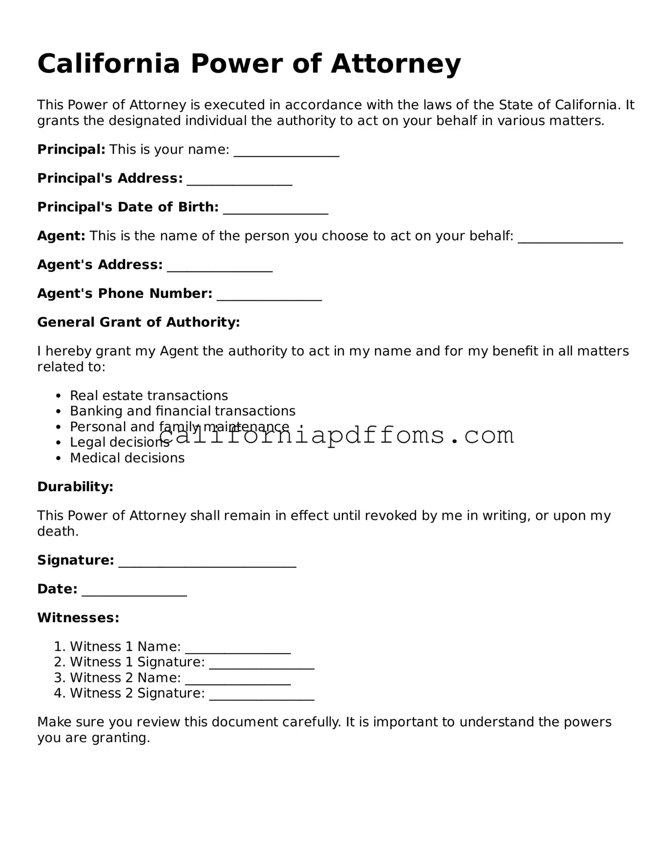 Blank Power of Attorney Form for California