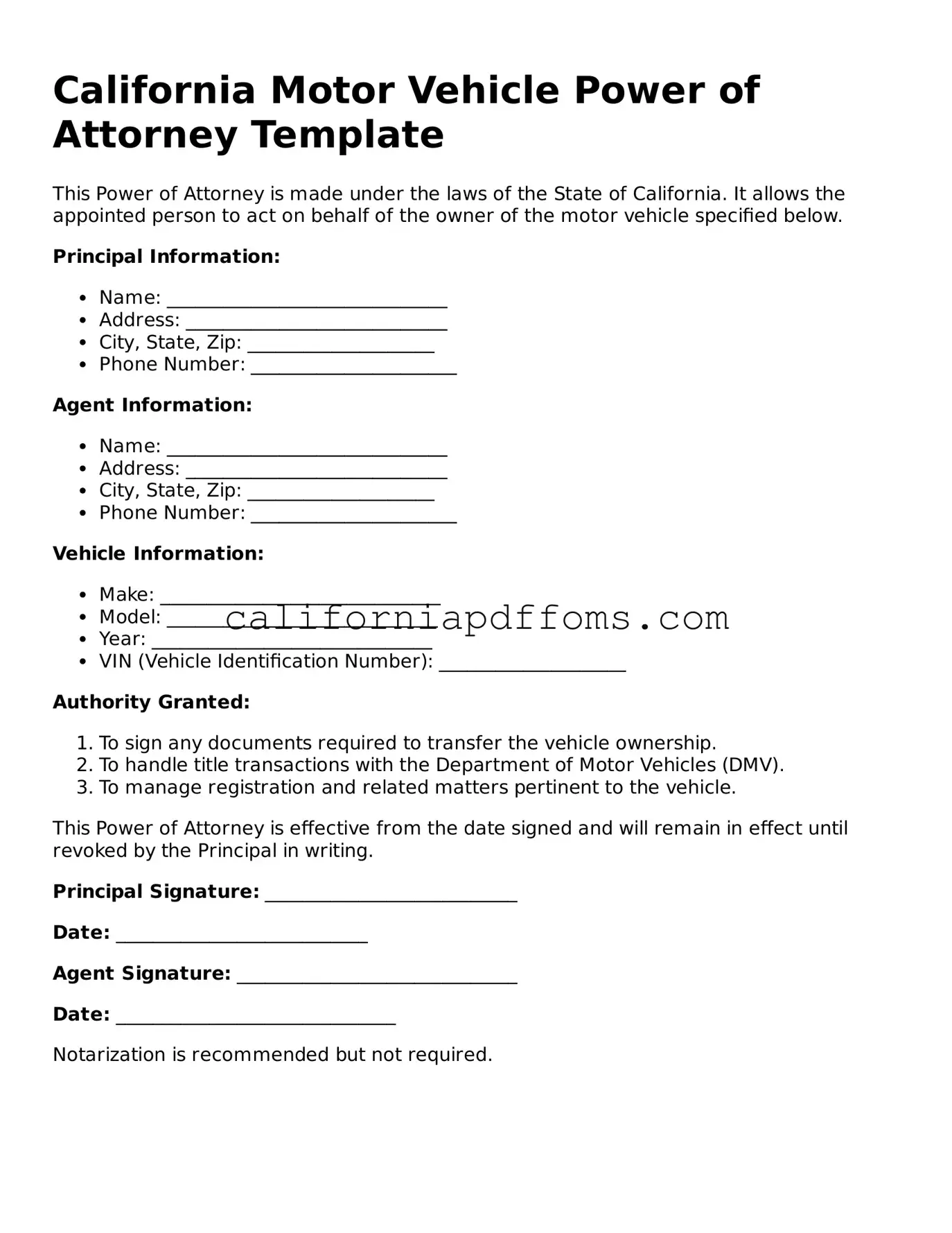 Blank Motor Vehicle Power of Attorney Form for California