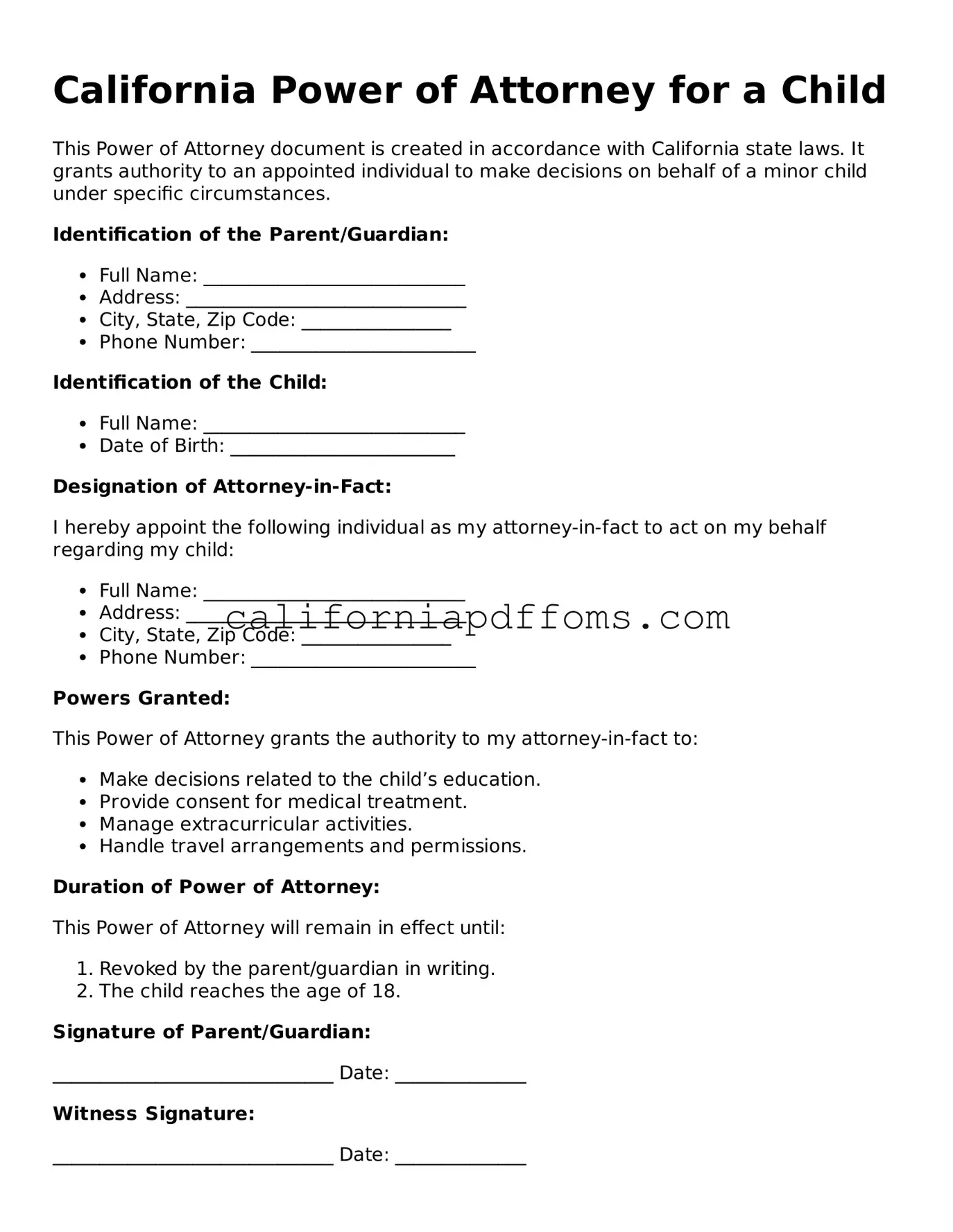 Blank Power of Attorney for a Child Form for California
