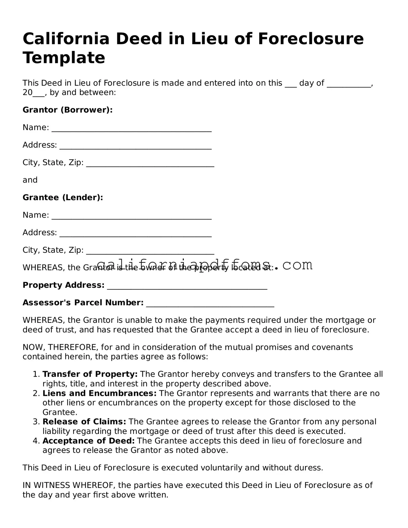 Blank  Deed in Lieu of Foreclosure Form for California