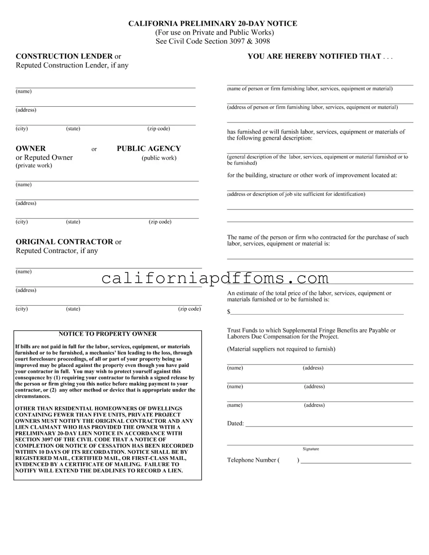 Fill in Your California Preliminary 20 Day Notice Template