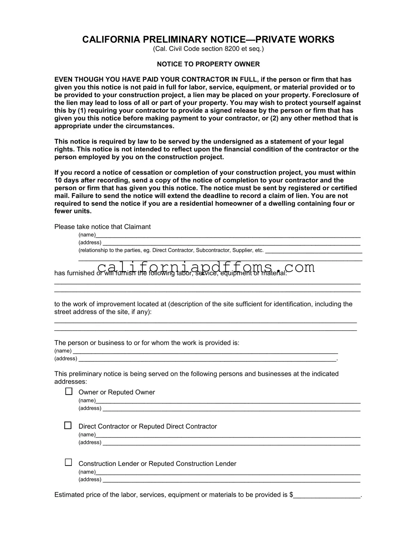 Fill in Your California Preliminary Notice Private Works Template