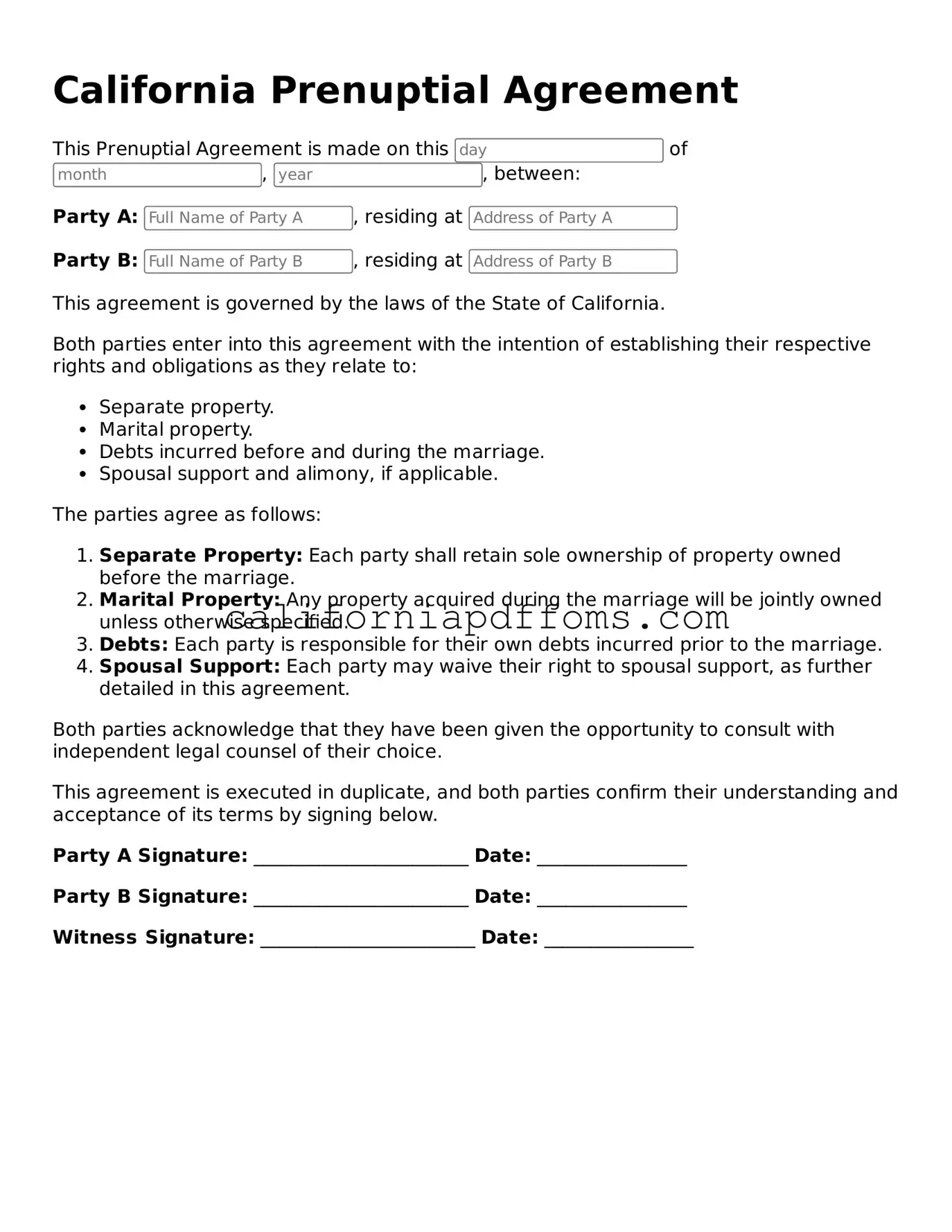 Blank  Prenuptial Agreement Form for California