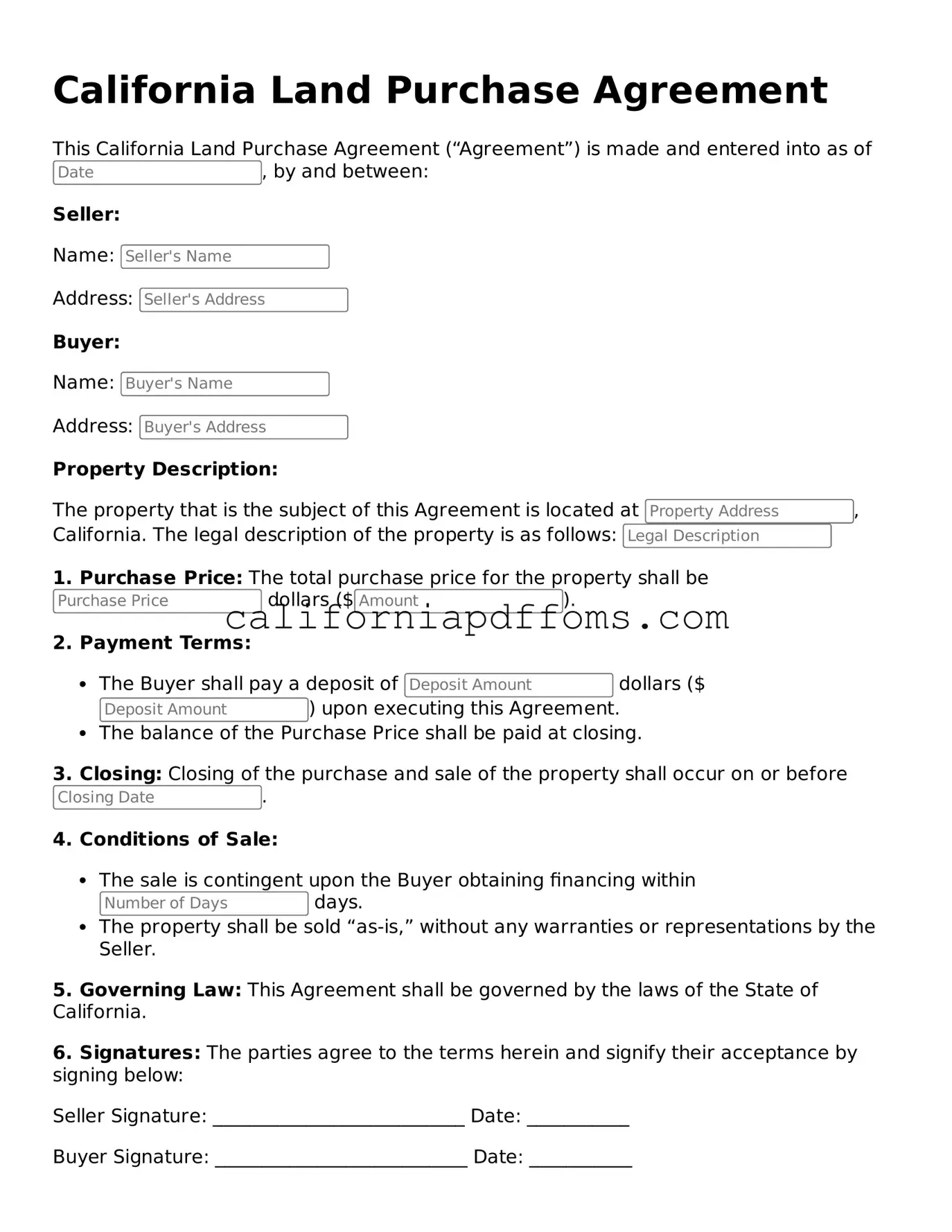 Blank  Land Purchase Agreement Form for California