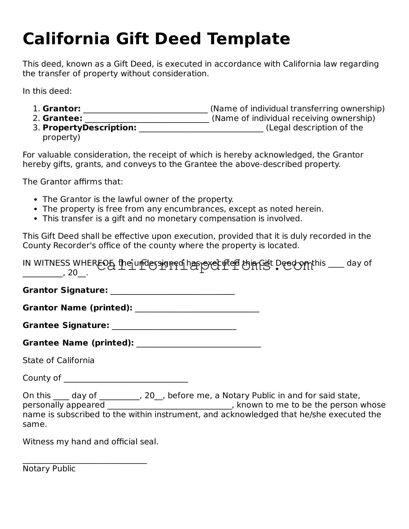 Blank Gift Deed Form for California