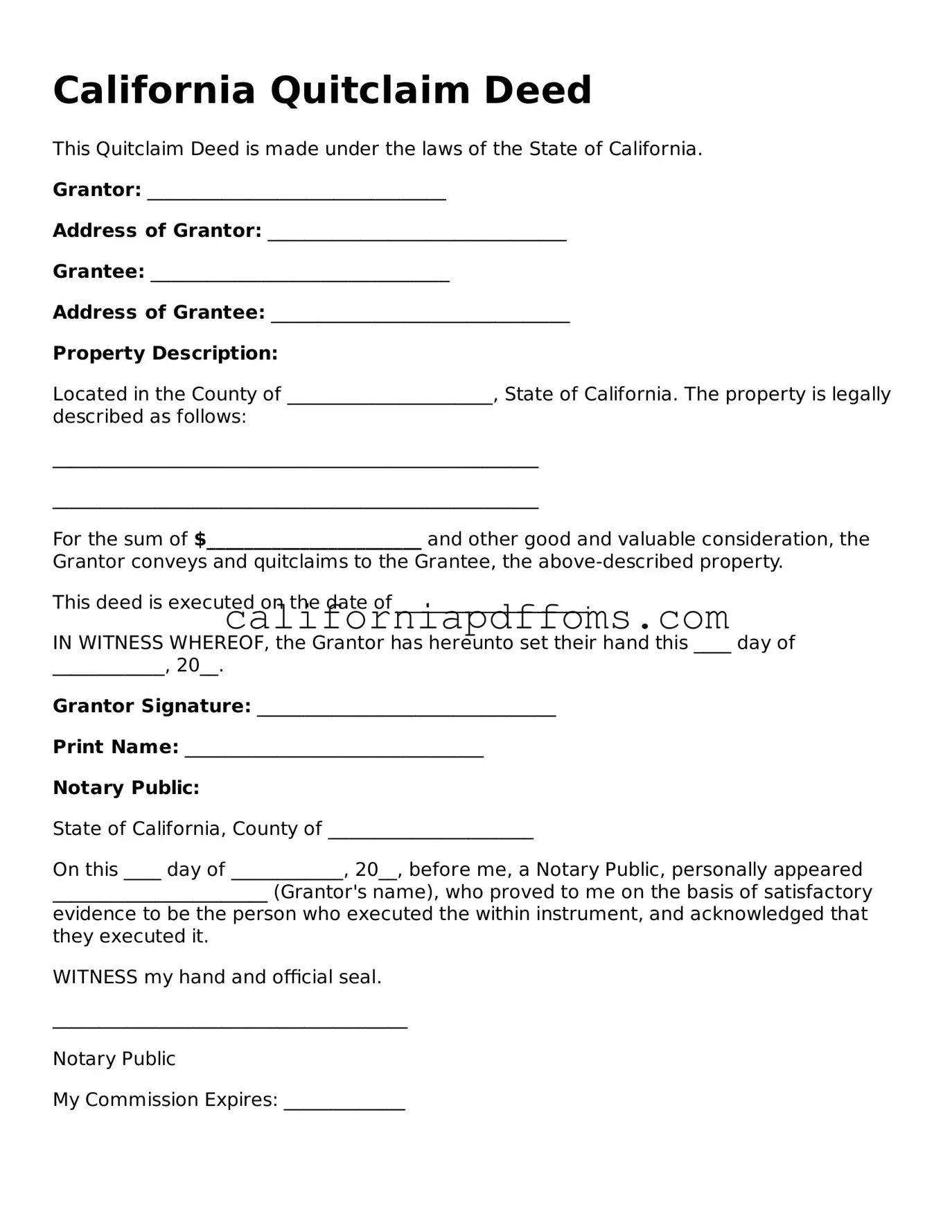 Blank  Quitclaim Deed Form for California