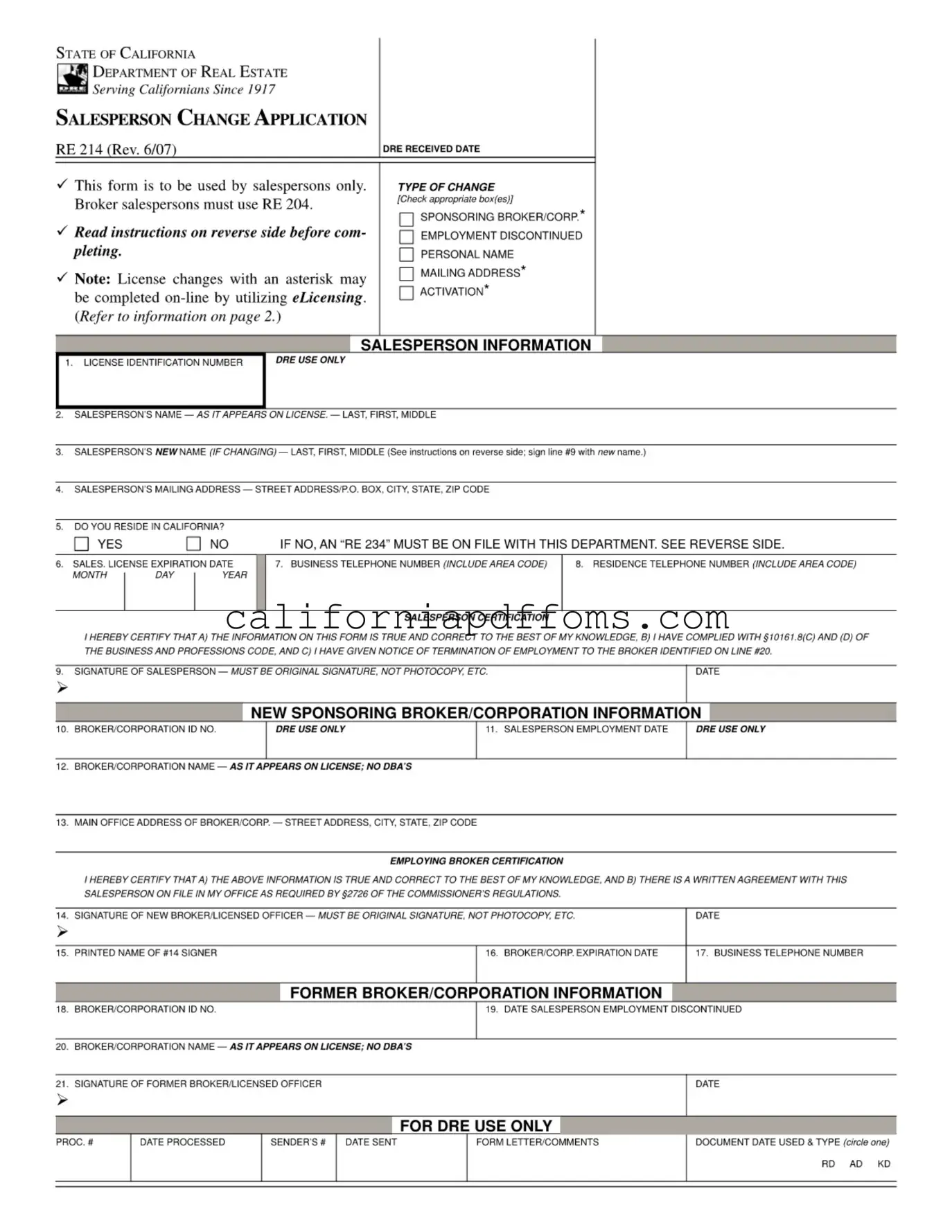 Fill in Your California Re 214 Template