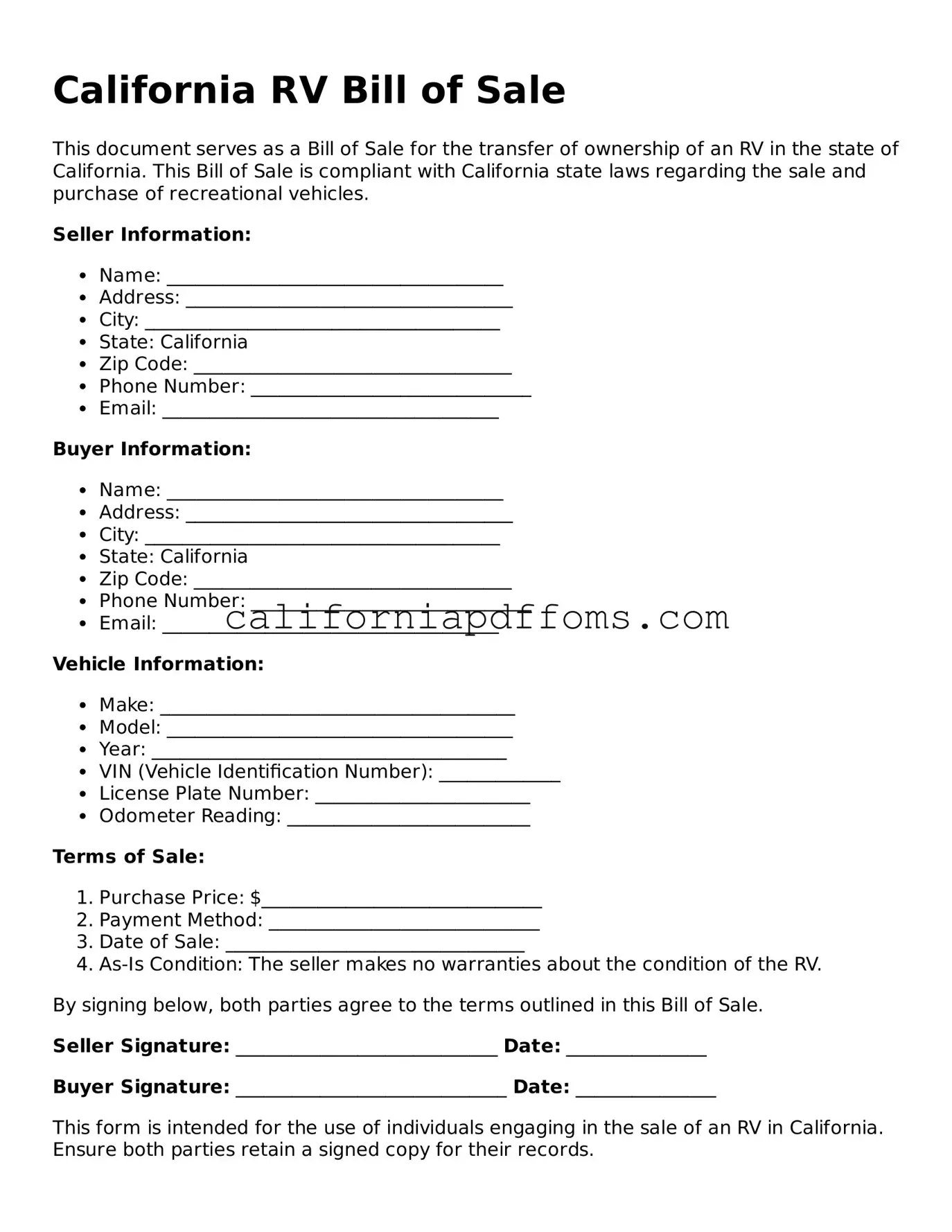 Blank RV Bill of Sale Form for California