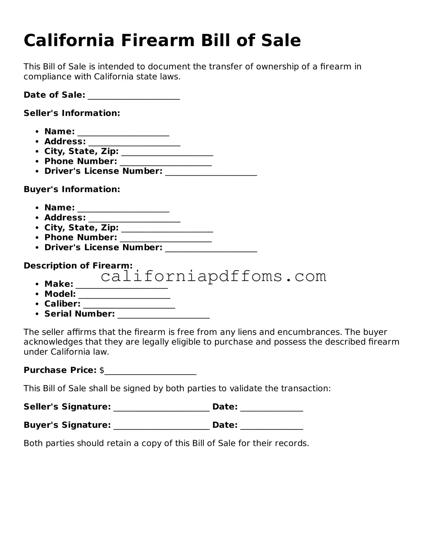 Blank Firearm Bill of Sale Form for California