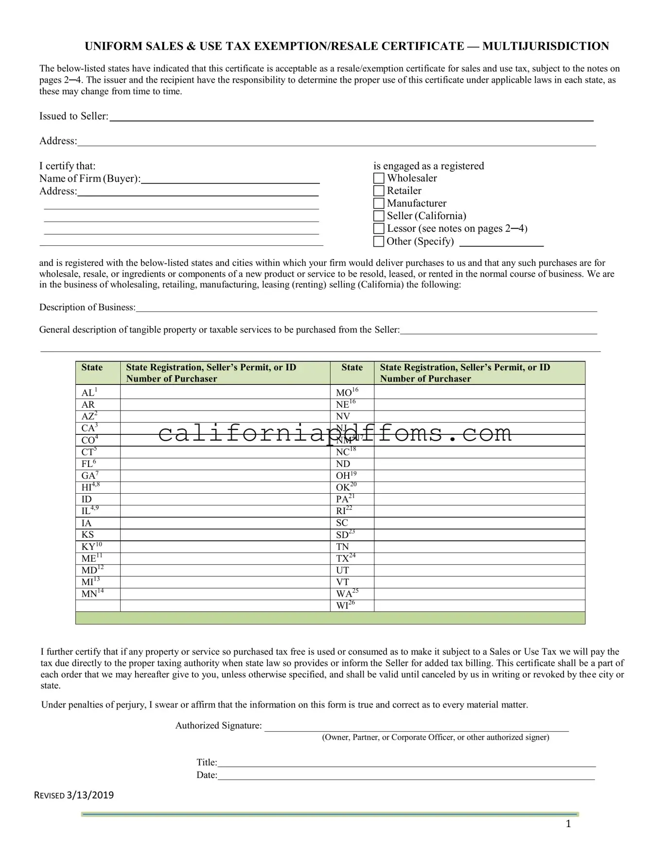 Fill in Your California Sales Tax Certificate Template