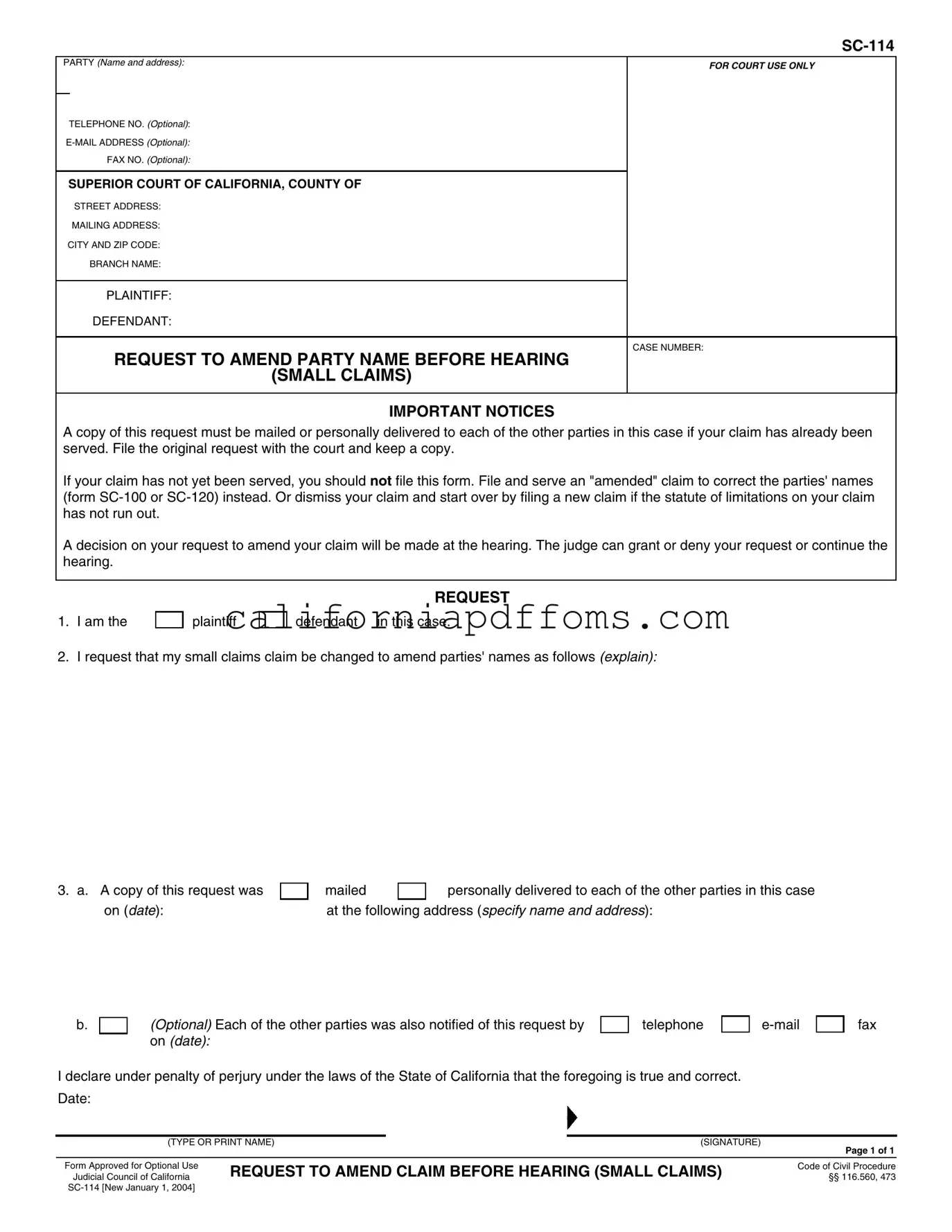 Fill in Your California Sc 114 Template