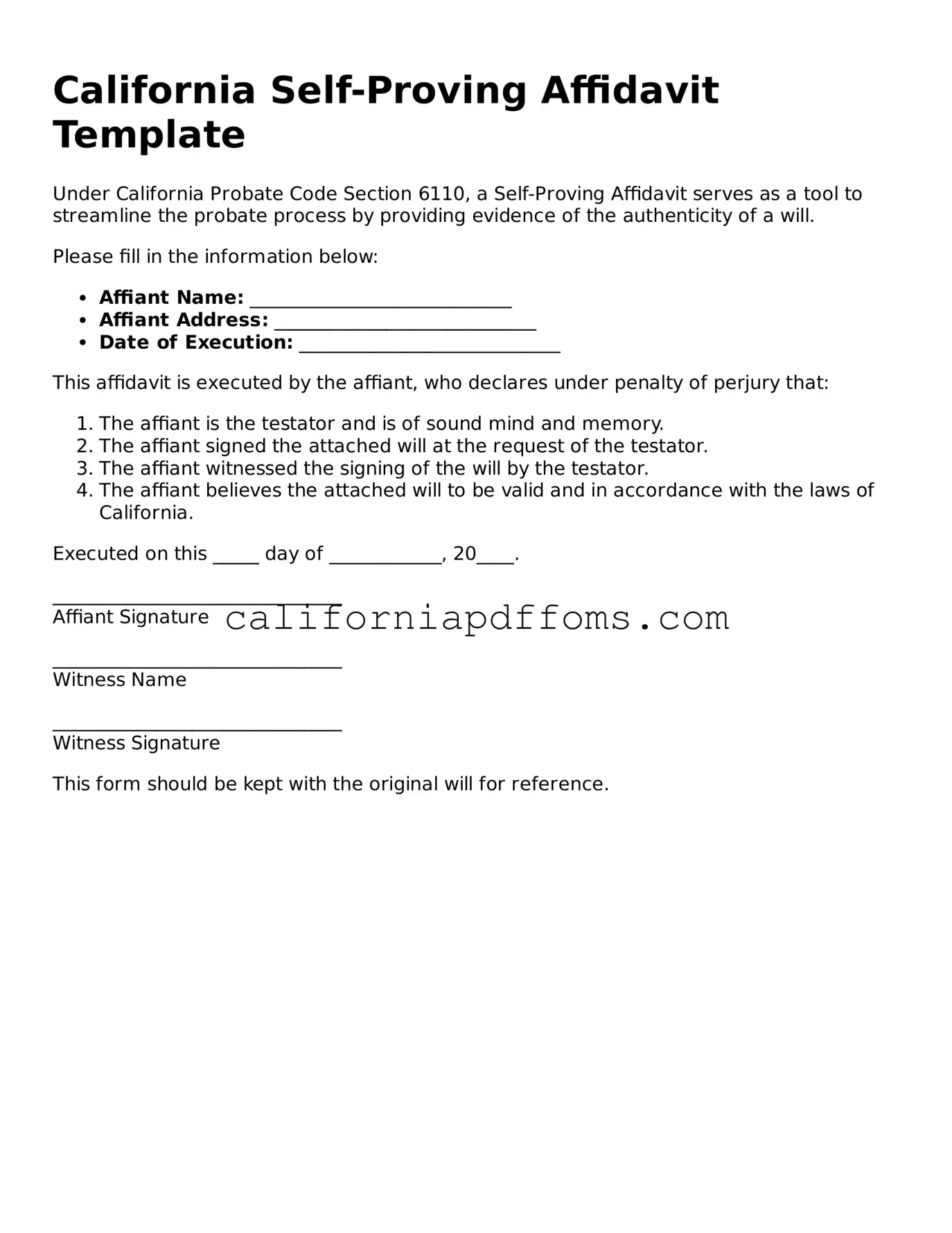 Blank Self-Proving Affidavit Form for California