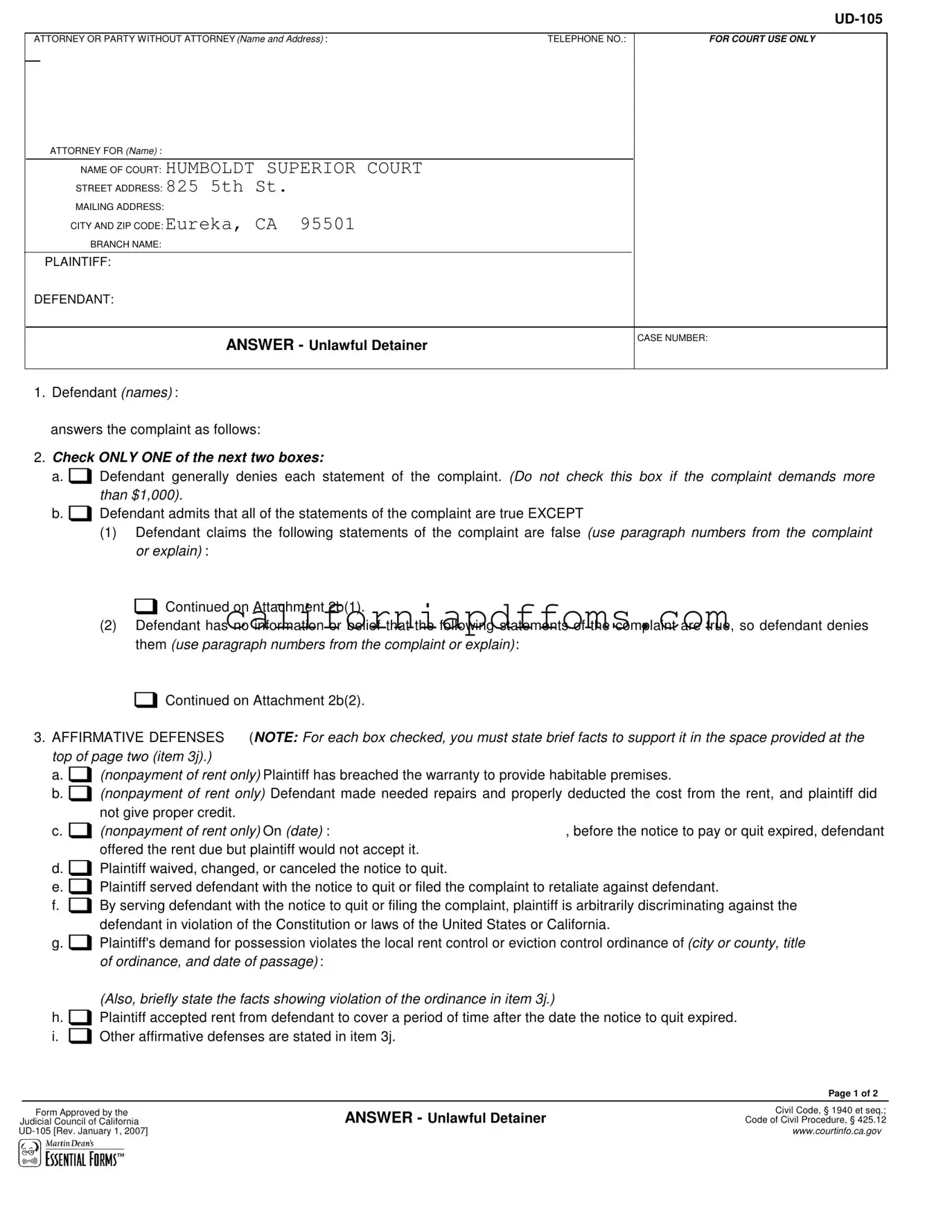 Fill in Your California Ud 105 Template