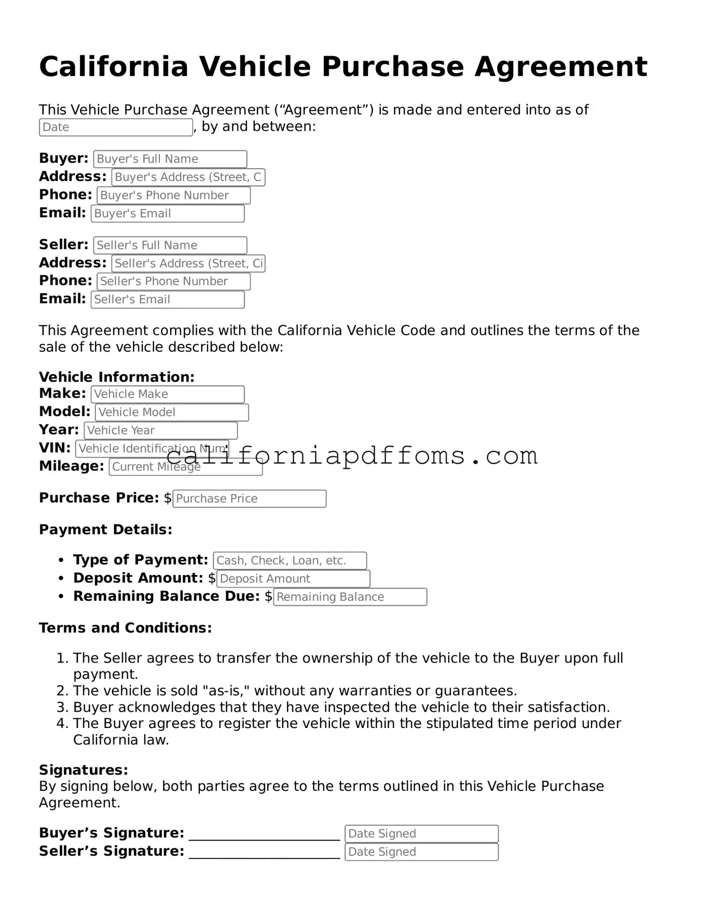 Blank Vehicle Purchase Agreement Form for California