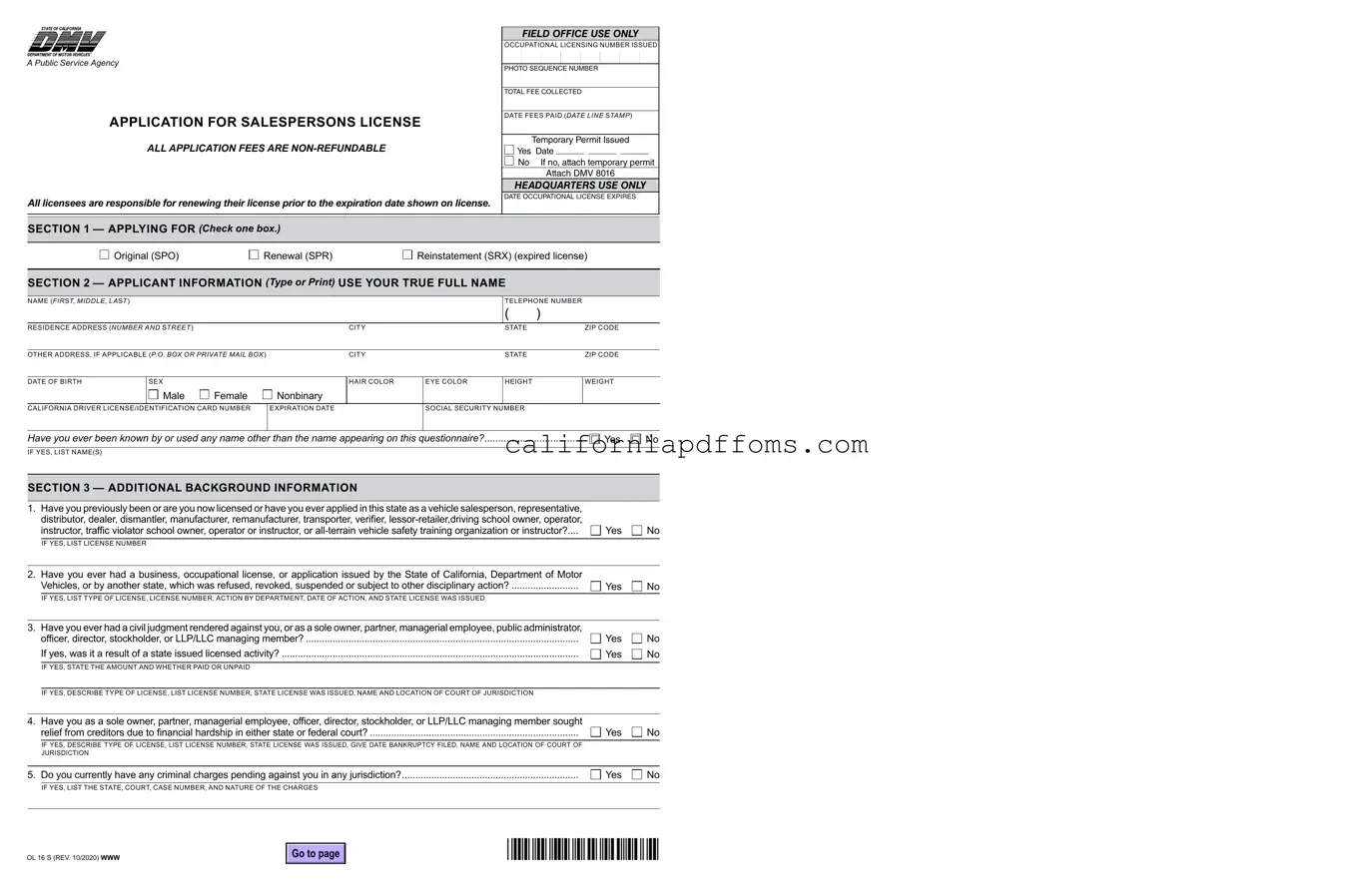 Fill in Your California Vehicle Salesperson License Template