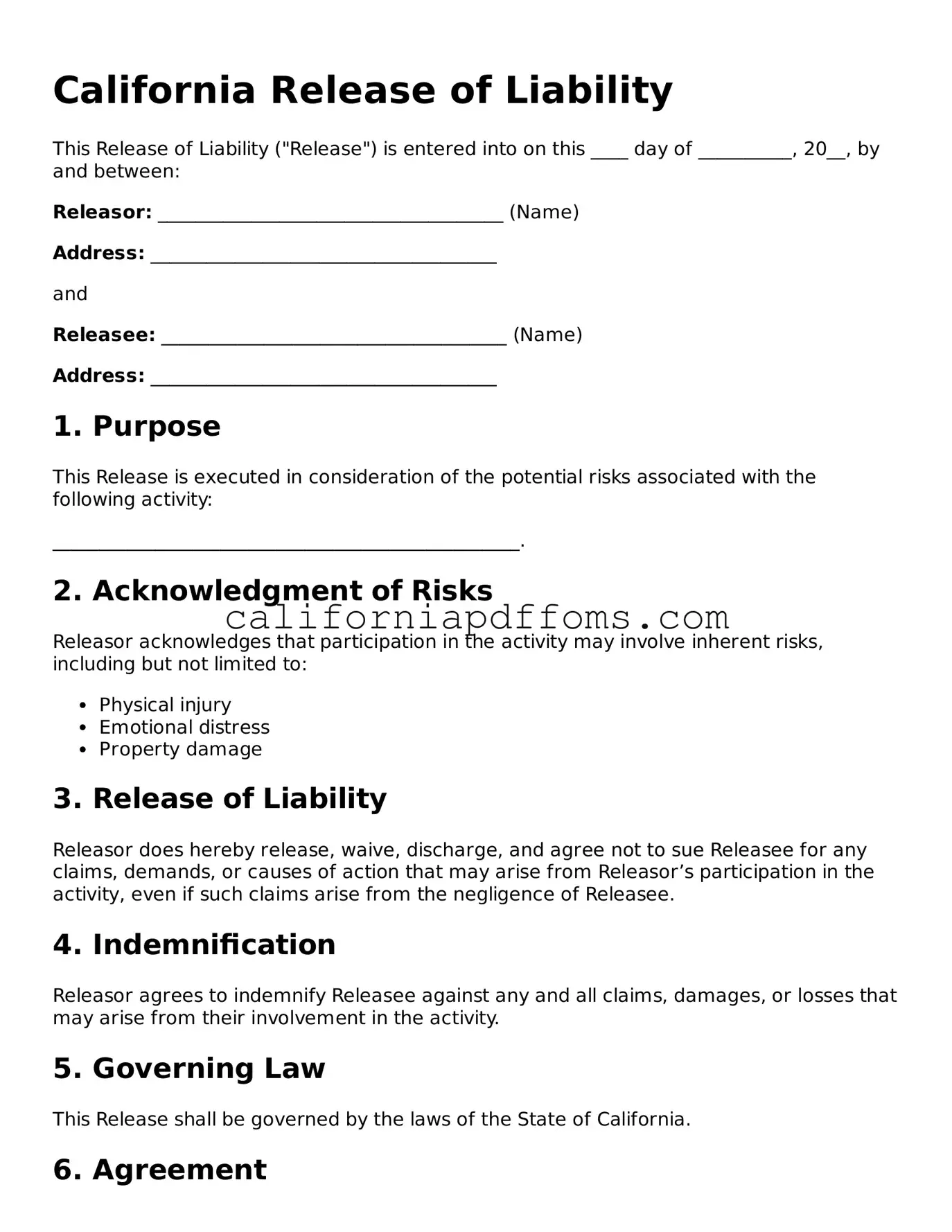 Blank  Release of Liability Form for California