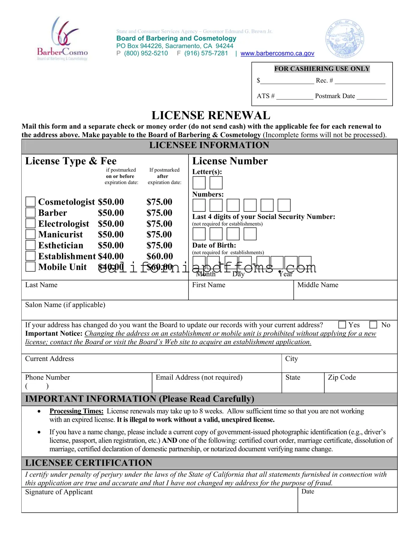 Fill in Your Cosmetology License Renewal California Template