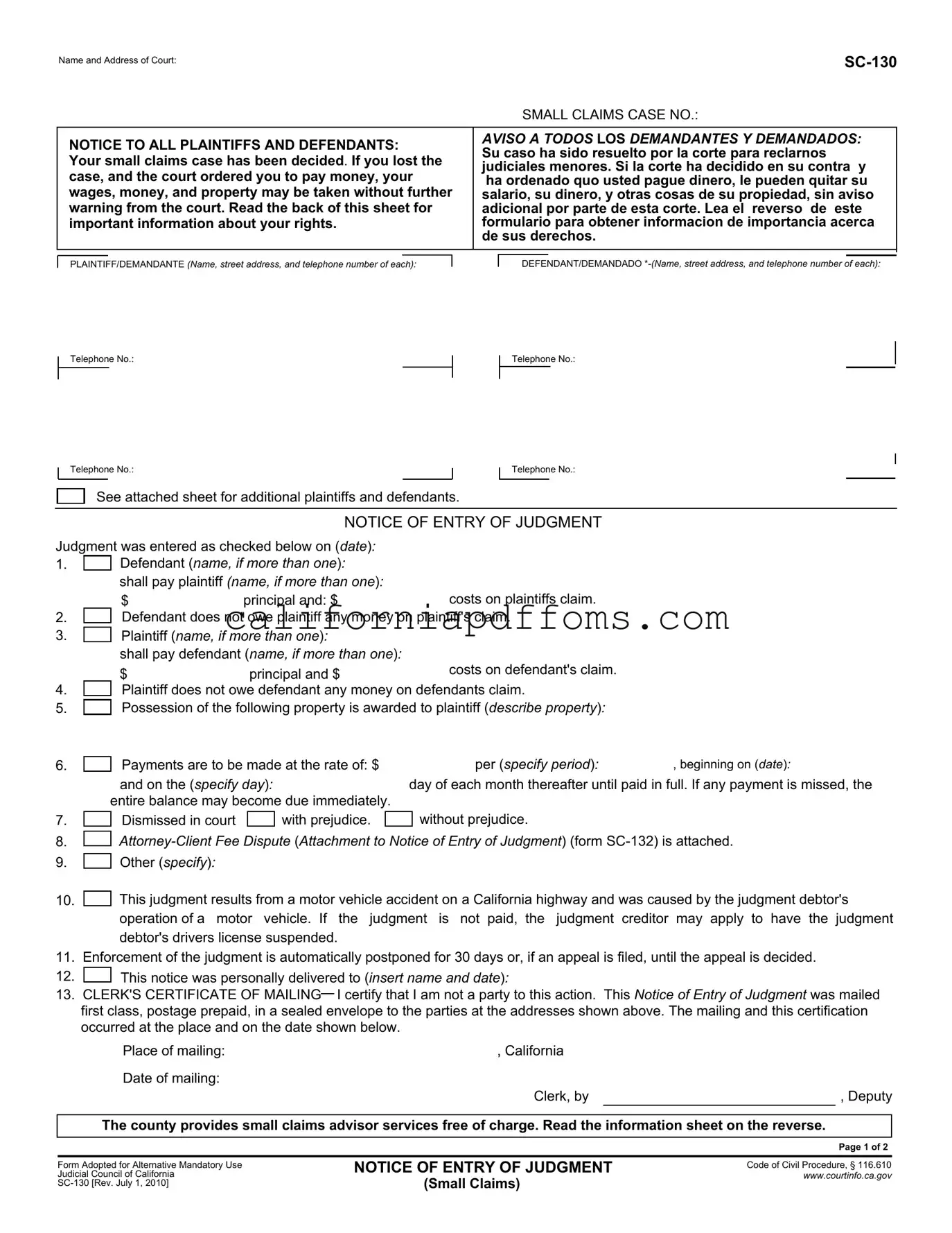 Fill in Your Sc 130 California Template