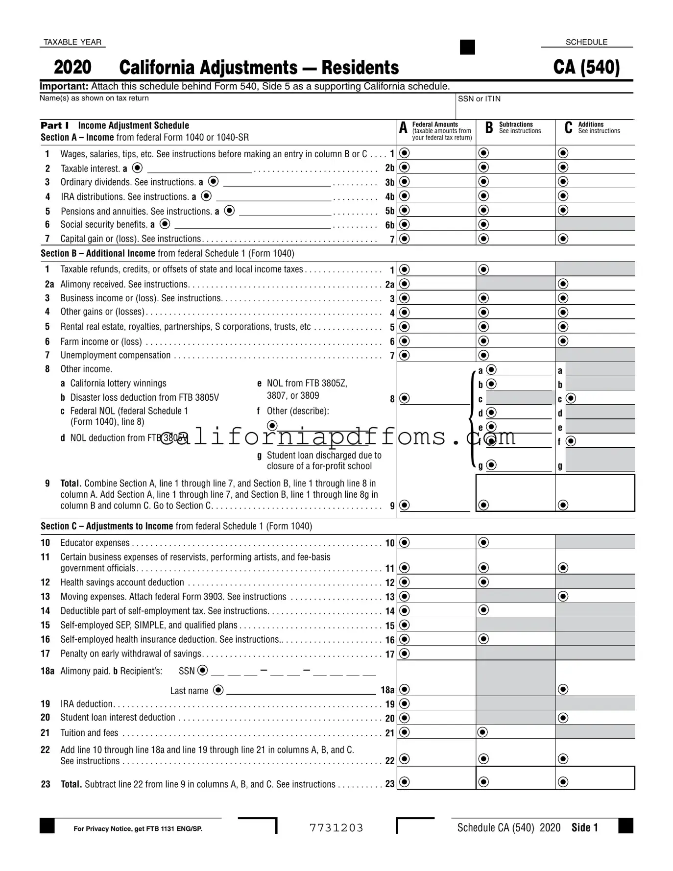 Fill in Your Schedule California 540 Template