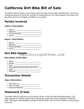 Blank  Dirt Bike Bill of Sale Form for California