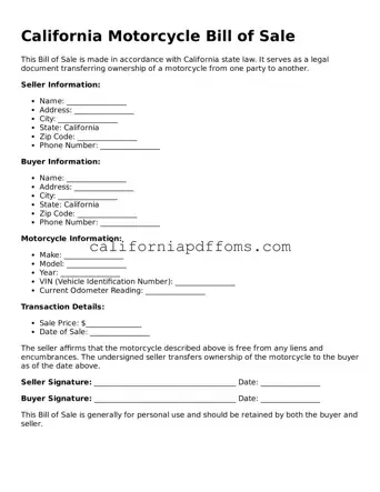 Blank  Motorcycle Bill of Sale Form for California
