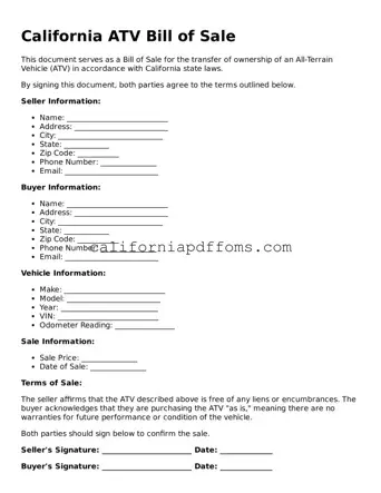Blank  ATV Bill of Sale Form for California