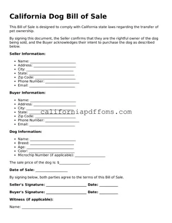 Blank  Dog Bill of Sale Form for California