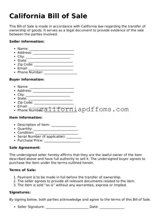 Blank  Bill of Sale Form for California
