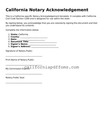 Blank  Notary Acknowledgement Form for California