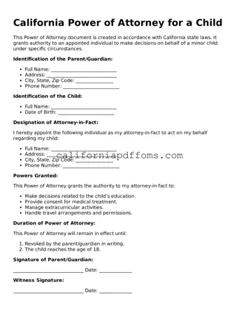 Blank  Power of Attorney for a Child Form for California