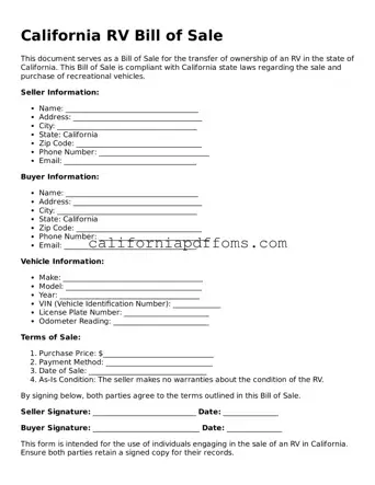 Blank  RV Bill of Sale Form for California