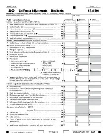 Fill in Your Schedule California 540 Template
